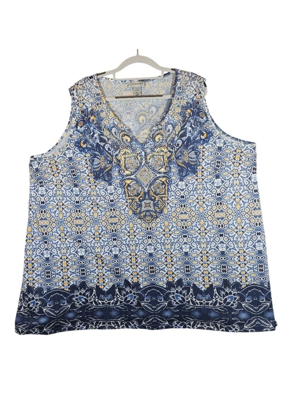 Catherines Womens 26 Blue  Yellow geometric Top With Embellished Beachy Casual